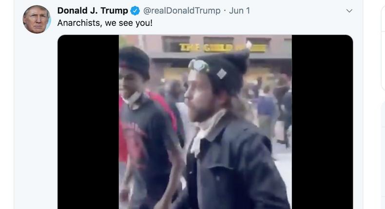 A screenshot of Donald Trump's tweet about the unnamed demonstrator in Columbus, Ohio.