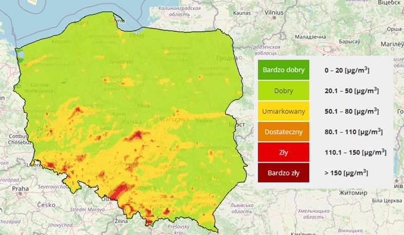 Prognoza stężenia pyłu zawieszonego PM10 w środę.