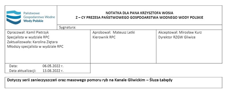 Fragment notatki o masowym pomorze ryb w Kanale Gliwickim — śluza Łabędy, do której dotarł Onet