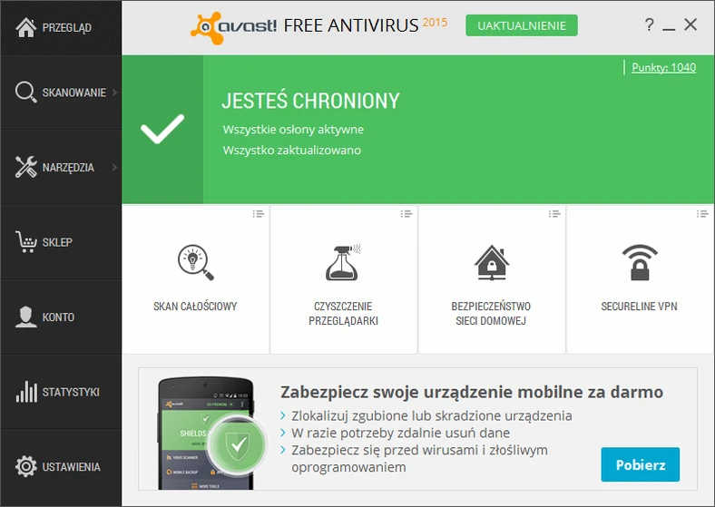 avast! Free Antivirus 2015 posiada nowoczesny i przyjazny w obsłudze interfejs użytkownika