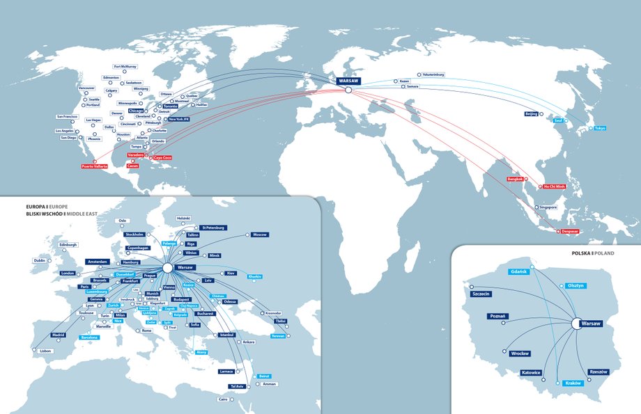 Obecna siatka połączeń PLL LOT. Na granatowo i niebiesko zaznaczono połączenia obsługiwane samolotami PLL LOT ,na czerwono loty czarterowe