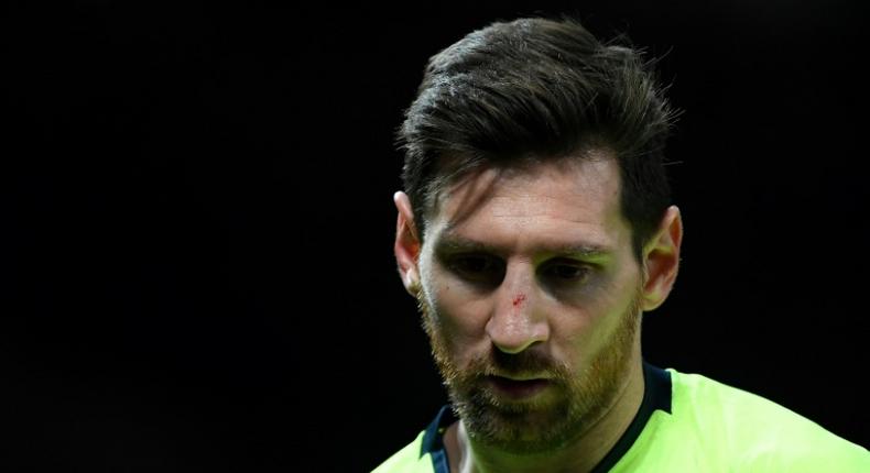 Lionel Messi cut his nose in a challenge with Chris Smalling during the first leg at Old Trafford