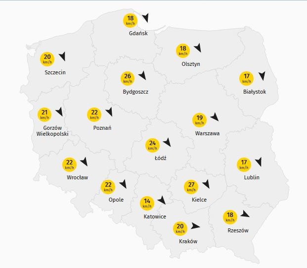 Siła wiatru w Polsce - niedziela