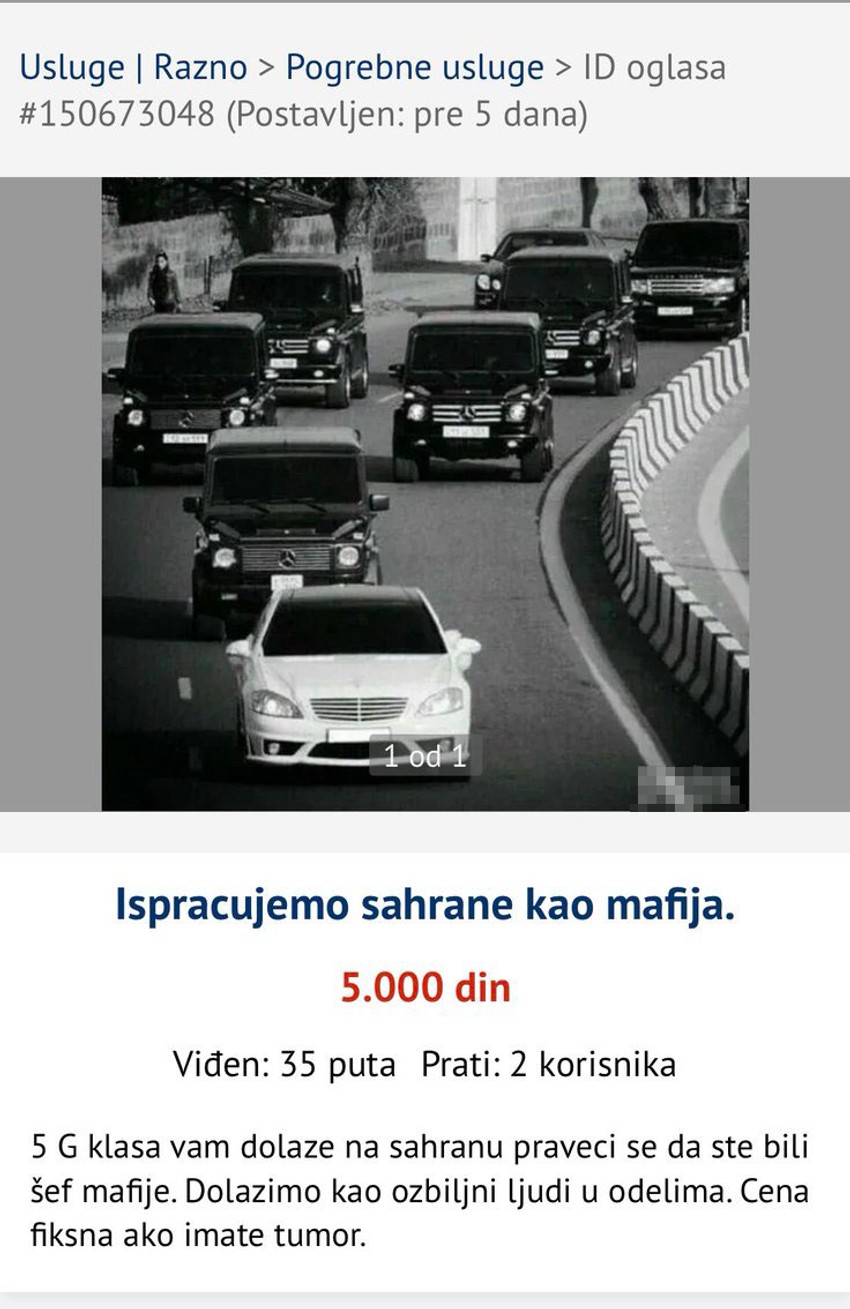 Oglas za dolazak na sahranu u "mafijaškom stilu"