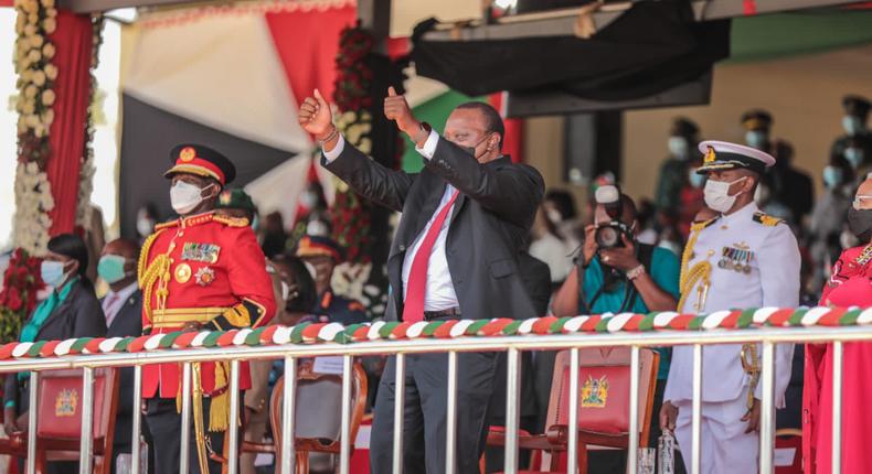President Uhuru Kenyatta during Madaraka Day celebrations at Jomo Kenyatta Stadium in Kisumu
