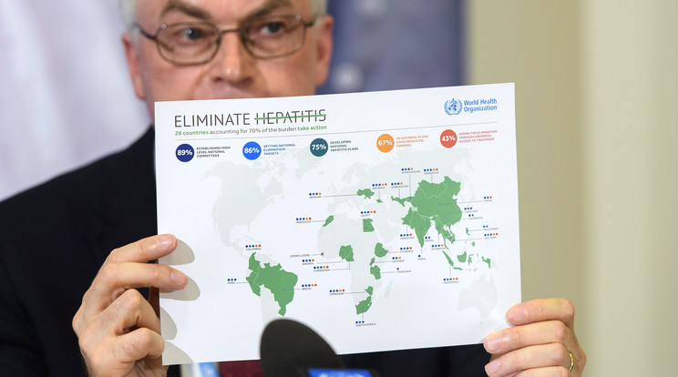 Marc Bulterys, az ENSZ Egészségügyi Világszervezete (WHO) globális hepatitiszprogamjának vezetője sajtótájékoztatót tart az ENSZ genfi székházában 2017. július 27-én, a hepatitisz elleni nemzetközi küzdelem világnapja előtti napon. / Fotó: MTI/EPA/Martial Trezzini