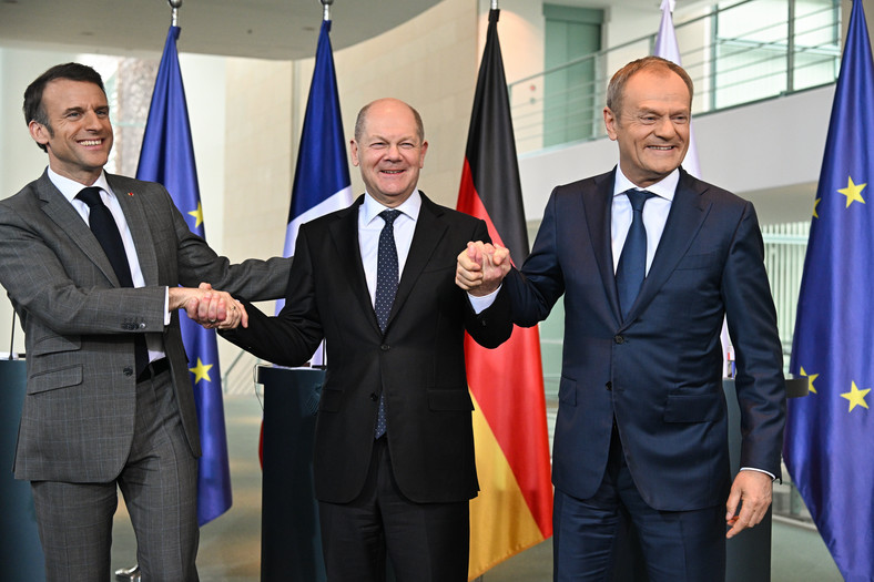 Emmanuel Macron, Olaf Scholz i Donald Tusk w Berlinie