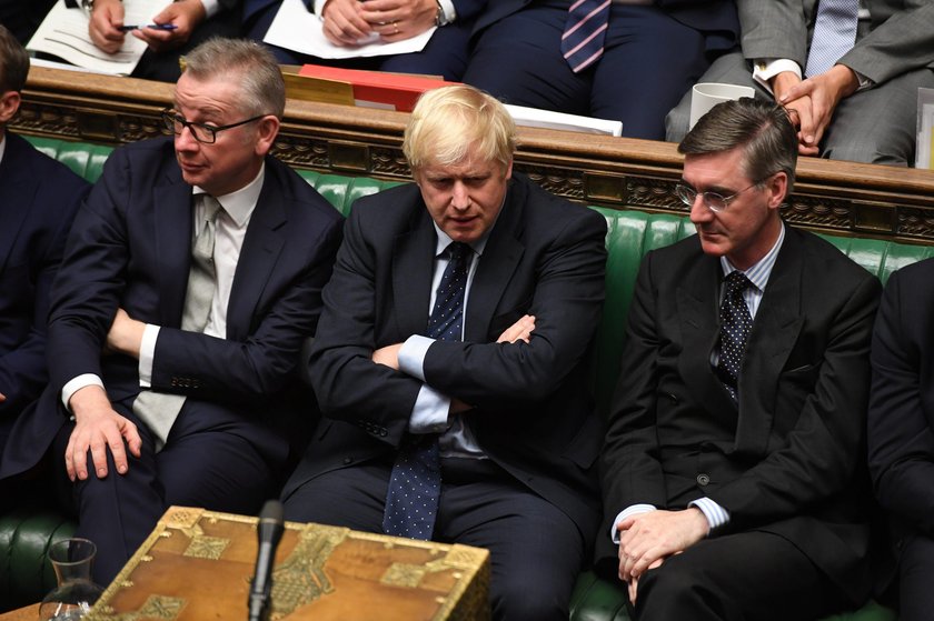 Britain's Prime Minister Boris Johnson, Chancellor of the Duchy of Lancaster Michael Gove, and leade