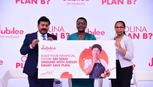 Jubilee Life CEO Sumit Kumar Gaurav together with COO Dorcus Kuhimbisa and Ms Sharon Tumushabe at the product launch