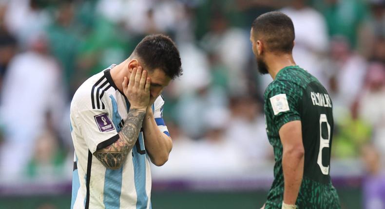 Lionel Messi of Argentina reacts to defeat on November 22, 2022.