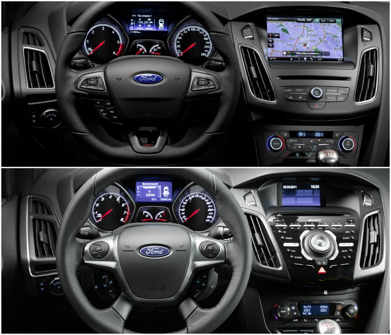 Wnętrze Forda Focusa ST po faceliftingu (na górze) i przed (na dole)