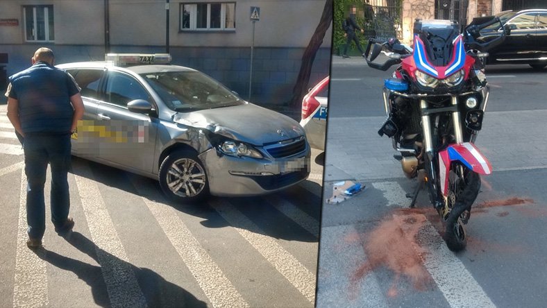 Wypadek w łódzkim Śródmieściu. Taksówka zderzyła się z motoambulansem