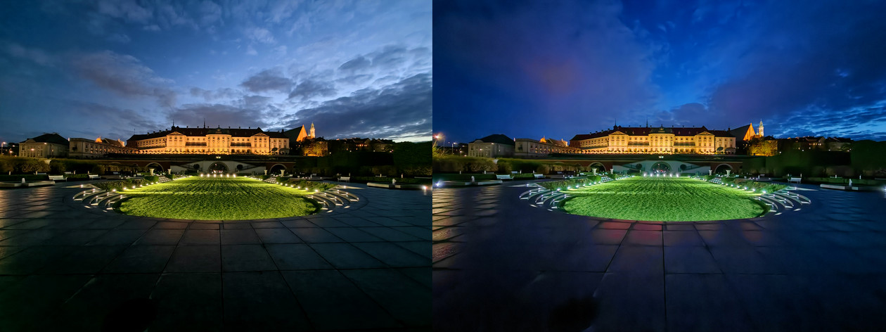 Zdjęcia nocne z modułów szerokokątnych - po lewej Huawei P60 Pro, po prawej Huawei P50 Pro 