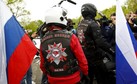 Members of the Russian motorcycle group called 'Nachtwoelfe' arrive at the parking space of the former German Nazi concentration camp in Dachau