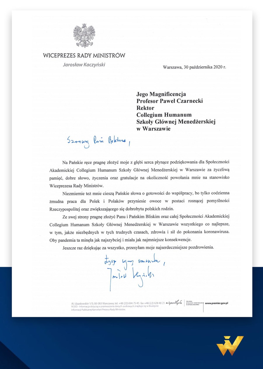 List gratulacyjny wicepremiera Jarosława Kaczyńskiego zaadresowany do rektora Collegium Humanum Pawła Czarneckiego 