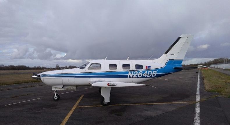A handout photograph released by the UK Air Accidents Investigation Branch shows the the Piper Malibu, N264DB, on the runway in Nantes