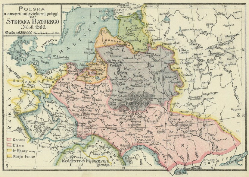 Obszar Rzeczpospolitej za panowania Stefana Batorego, sprzed rozejmu w Dywilinie w Atlasie historycznym Polski (Józef Bazewicz, 1923 r.)