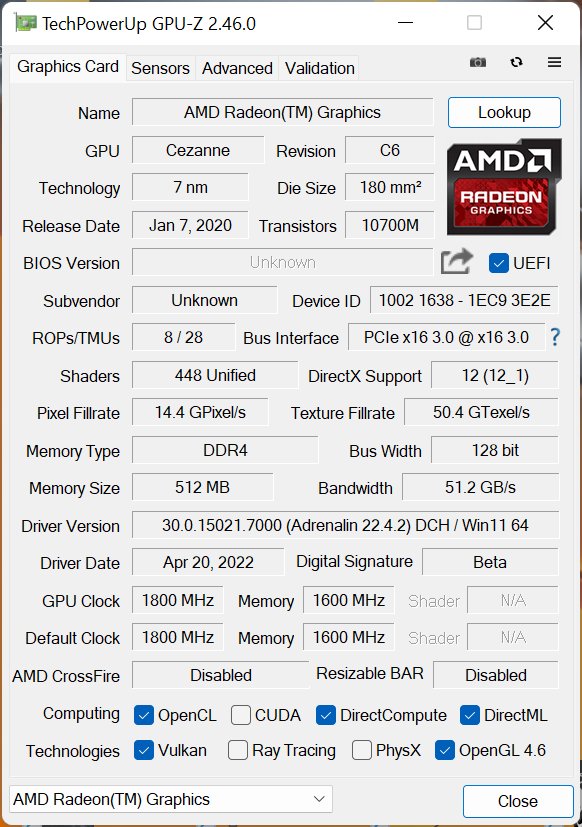 Huawei MateBook 16 – GPU-Z – specyfikacja ukadu Radeon Graphics (7 CU)