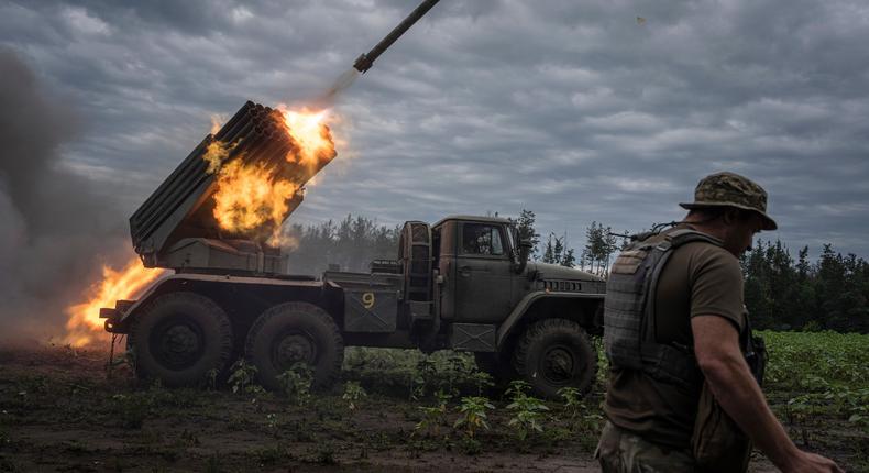 Ukrainian MSLR BM-21 Grad shoots toward Russian positions at the front line in Kharkiv region, Ukraine.