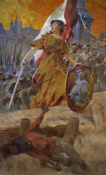 Alegoria zwycięstwa w 1920 roku; Warszawo naprzód, obraz Zdzisława Jasińskiego Wikipedia