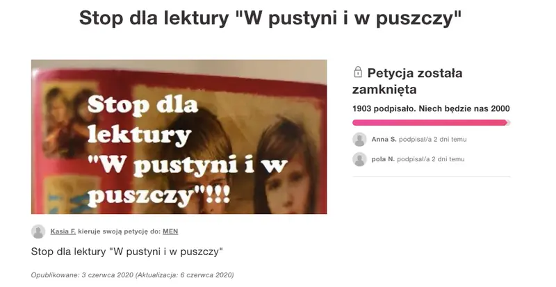 Zamknięta petycja w sprawie usunięcia &quot;W pustyni i w puszczy&quot; z listy lektur szkolnych