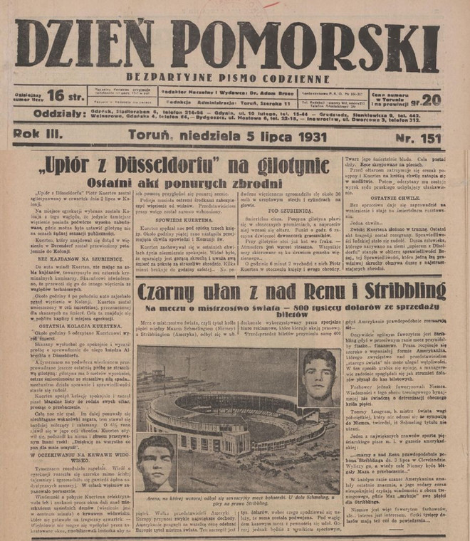 "Upiór z Düsseldorfu" na gilotynie – informował „Dziennik Pomorski” 5 lipca 1931 r.