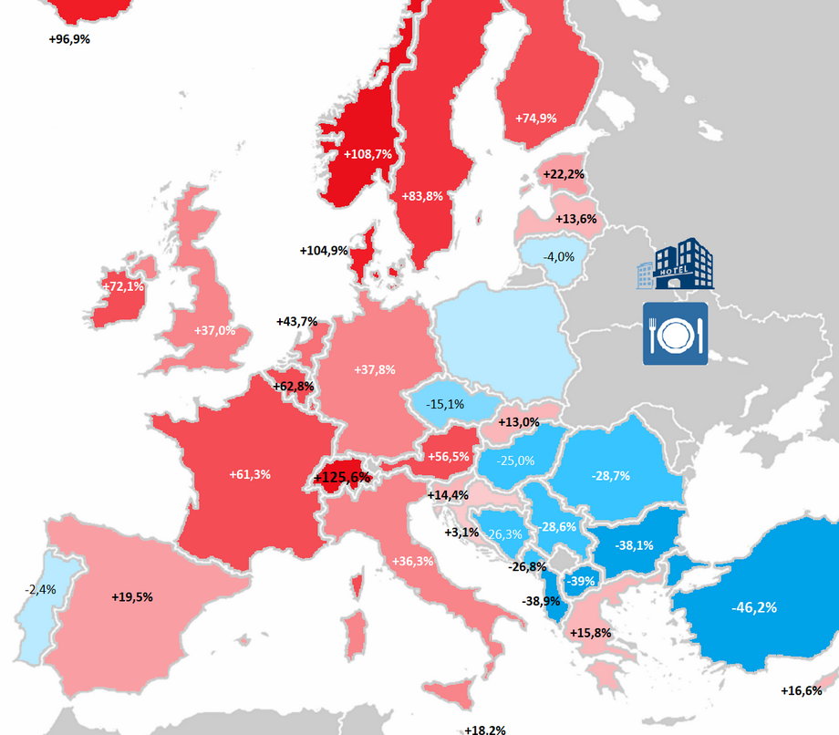  Ceny hoteli i restauracji w Europie w porównaniu z Polską w 2020 r. (źródło: Eurostat)
