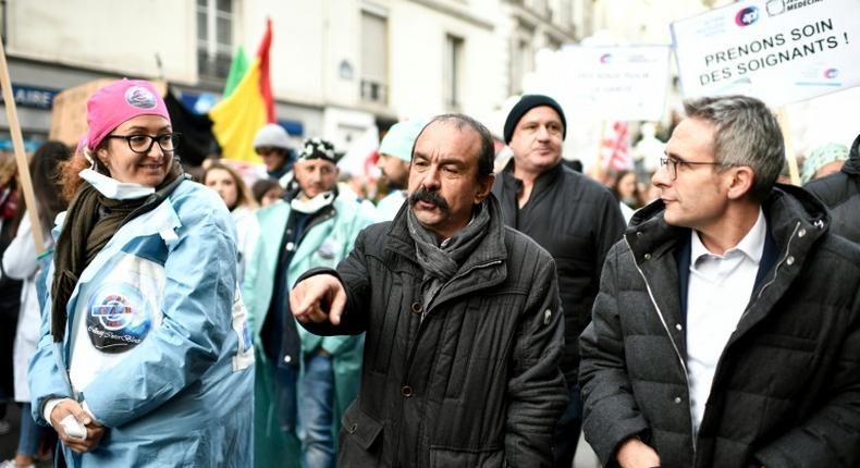 Philippe Martinez, centre, head of France's CGT labour union, at a hospital workers strike in Paris in November. He called the government's pension reform plan a flagrant provocation.