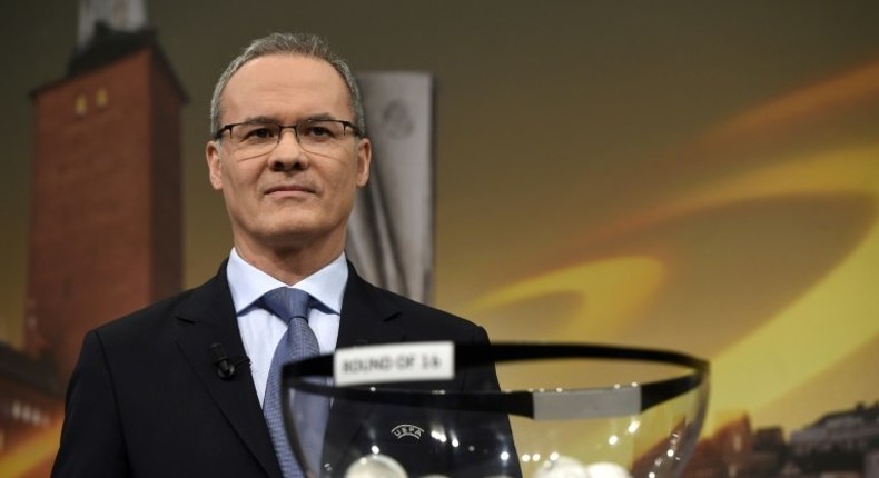 UEFA deputy secretary general Giorgio Marchetti waits to hold the draw for the round of 16 of the UEFA Europa League football tournament in Nyon on February 24, 2017