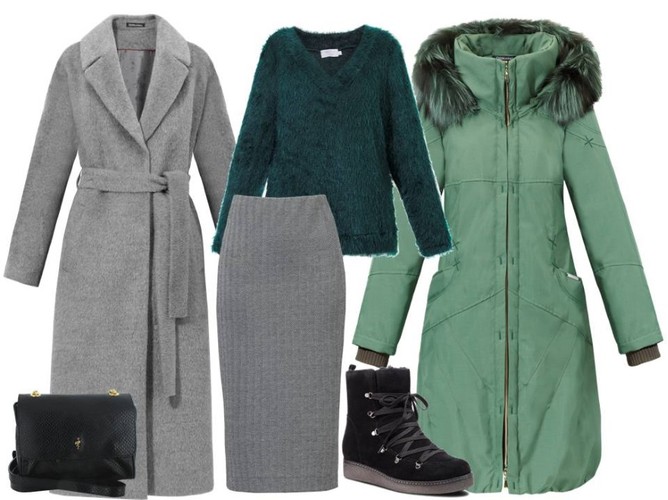 Modne STYLIZACJE na ferie 2019: sweter – Cotton Club/cottonclub.pl, spódnica – Cotton Club/cottonclub.pl, płaszcz szary – Dziekański/dziekanski.pl, płaszcz zielony – Dziekański/dziekanski.pl, torebka – Menbur/menbur.pl, śniegowce – Caprice/caprice.pl