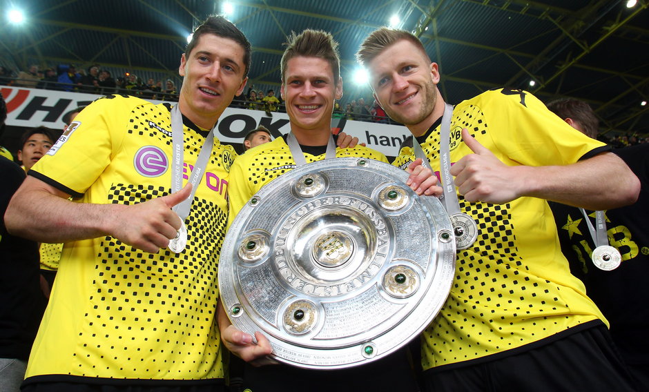 Robert Lewandowski, Łukasz Piszczek i Jakub Błaszczykowski w barwach BVB (5 maja 2012 r.)