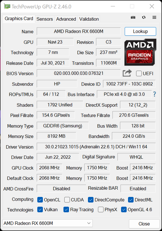 HP OMEN 16 (16-c0114nw) – GPU-Z – specyfikacja układu graficznego AMD Radeon RX 6600M