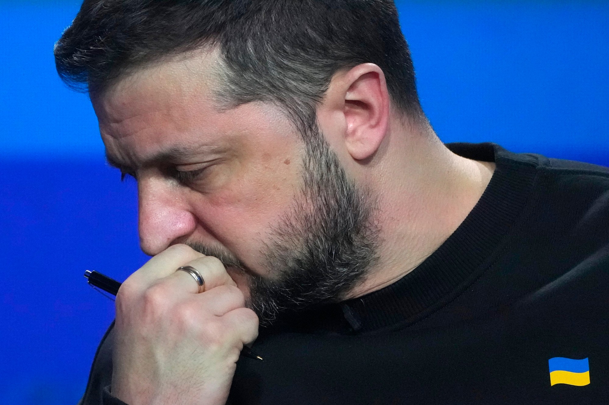 Ukrajinský prezident Volodymyr Zelenskyj počas tlačovej konferencie v Kyjeve.