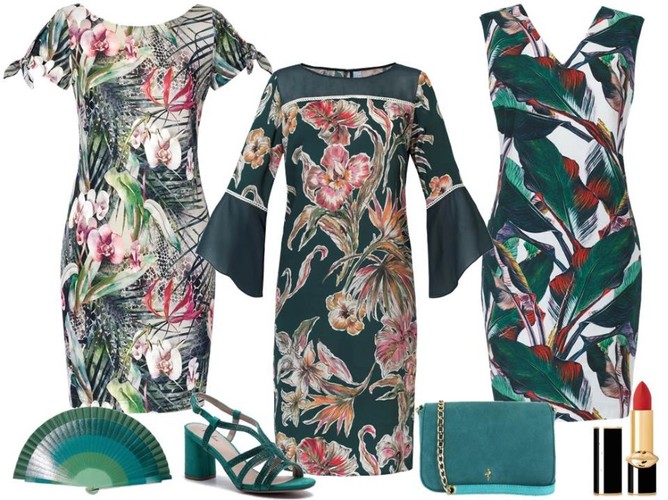 STYLIZACJE na komunię: sukienka w orchidee z krótkim rękawkiem - Midori Feminine Fashion/midori.pl, sukienka z długim rozkloszowanym rękawem - Cotton Club/cottonclub.pl, dopasowana sukienka bez rękawów - Cotton Club/cottonclub.pl, buty, torebka - Menbur/menbur.pl, dodatki – TK Maxx