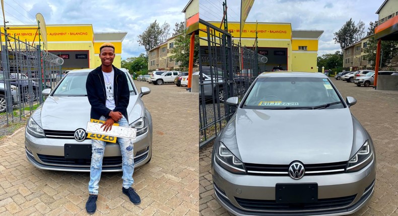 Kenyan TikTok sensation, dancer and digital content creator Only Lit Boy posing with his first car - a sleek silver-grey Volkswagen Golf TSI