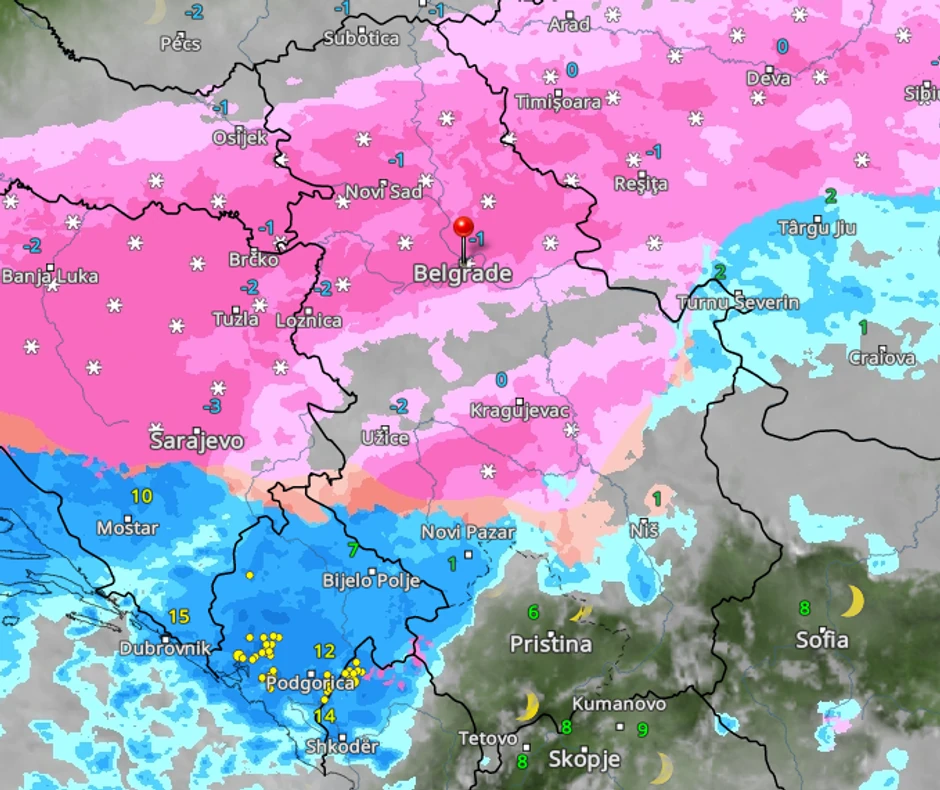 Kretanje padavina u nedelju u Srbiji u 19 časova 