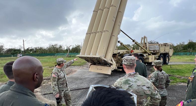 A US Army soldier points out the components of the Terminal High Altitude Area Defense, or THAAD, missile defense system to airmen of the 23rd Expeditionary Bomb Squadron during a site visit to Task Force Talon in February 2024.U.S. Air Force photo by Capt. Stephen J. Collier