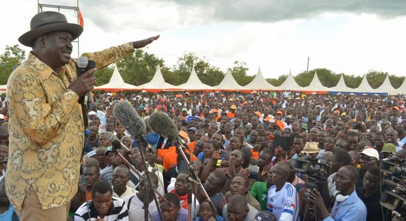 ODM leader Raila Odinga addresses supporters in Mbita, Homa Bay County.