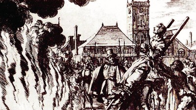 The burning of a 16th century Dutch Anabaptist as a heretic or witch.