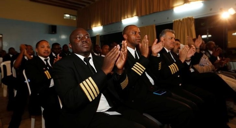 Kenya Airways captains attend a meeting as they participate in a pilots strike organised by Kenya Airline Pilots Association (KALPA) at the Jomo Kenyatta International airport near Kenya's capital Nairobi, April 28, 2016. 