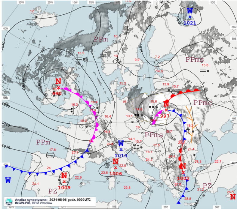 Mapa synoptyczna Europy, 6.08.2021, godz. 00 UTC