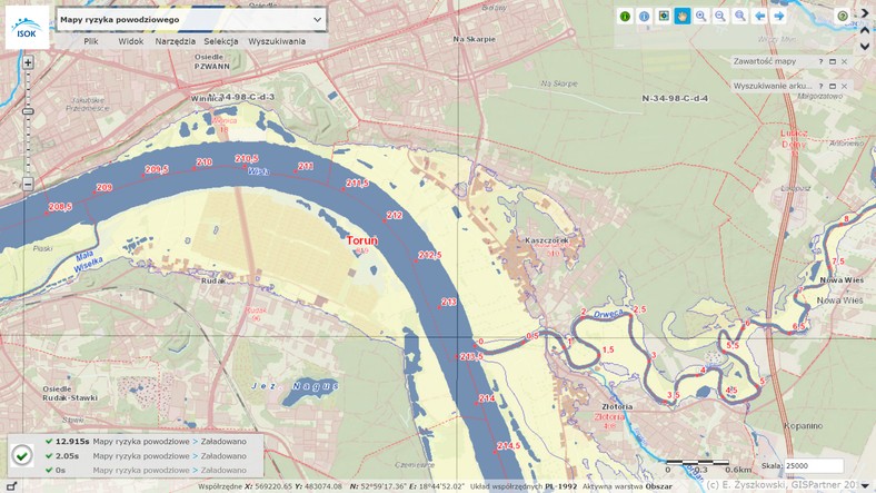 Mapa zagrożenia wodą 500-letnią w okolicach Torunia. Na żółto zaznaczone są obszary, które mogą znaleźć się pod wodą - w tym ogródki działkowe na Rudaku i dzielnica Kaszczorek.