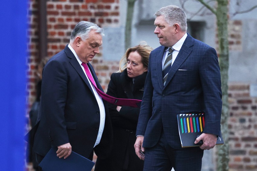 Viktor Orban, Đorđa Meloni i Robert Fico na samitu EU u Belgiji 12. februara