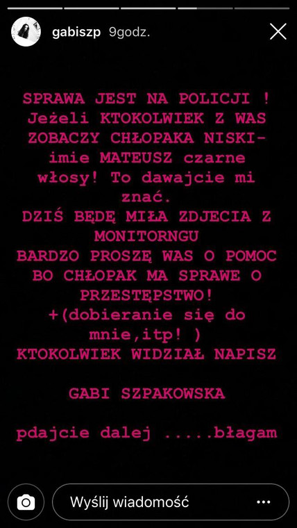 Wpis na Instastories Gabrieli Szpakowskiej 