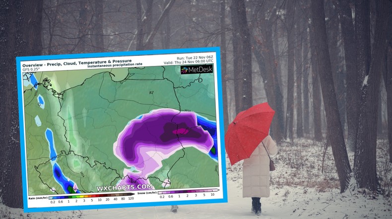 W środę temperatura się zatrzyma. Do Polski dotrze następny front (mapa: wxcharts.com)