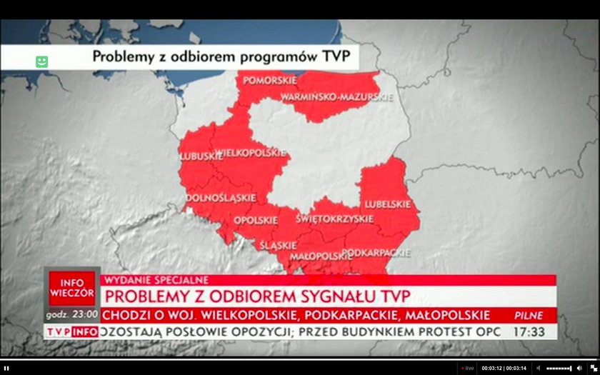 Mapa "zakłóceń" sygnału, którą pokazała telewizja publiczna