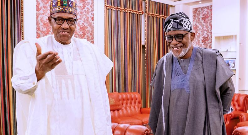 President Muhammadu Buhari (left) says Ondo State governor, Rotimi Akeredolu (right) is a good brand to market [Presidency]