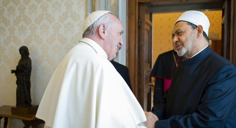 Pope Francis welcomes Egyptian Grand Imam of al-Azhar Mosque Sheikh Ahmed Mohamed al-Tayeb, during a private audience at the Vatican