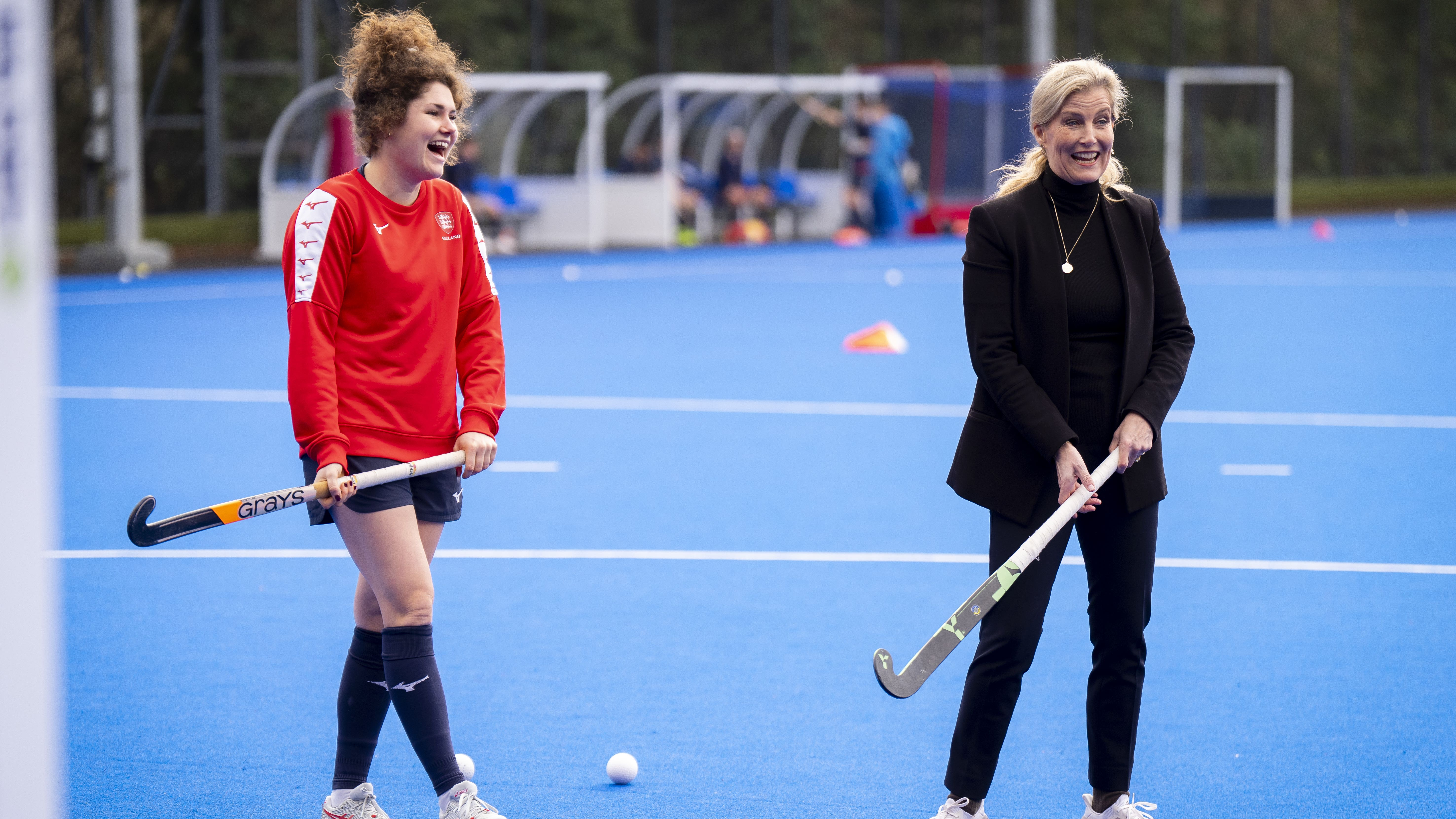 Duchess of Edinburgh takes shots against England goalkeeper in training