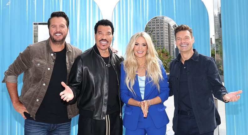 Season 23 American Idol judges Luke Bryan, Lionel Richie, and Carrie Underwood with host Ryan Seacrest.Mike Coppola/Getty Images